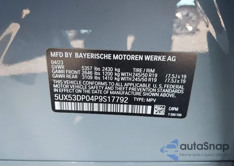 2023 BMW X3 xDrive30I z USA, uszkodzony, nr VIN 5UX53DP04P9S17792